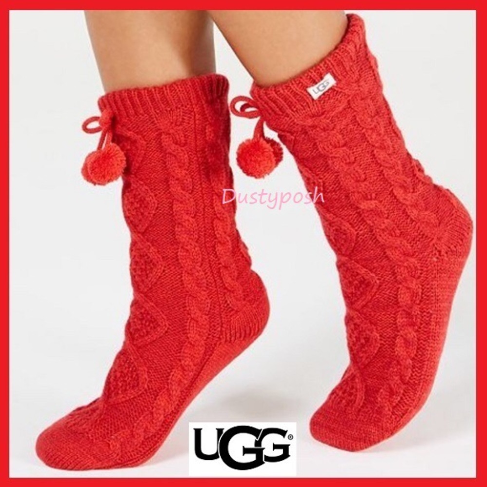 UGG Fleece Lined Pom Pom Socks Cozy Boot Cute Slippers Bed Cozy Red Womens Girls